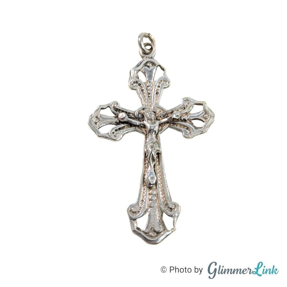 Vintage Alpaca Jesus on Cross Crucifix Signed Silver Tone Pendant